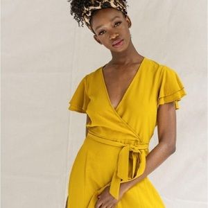 Mustard ruffle short sleeve wrap dress